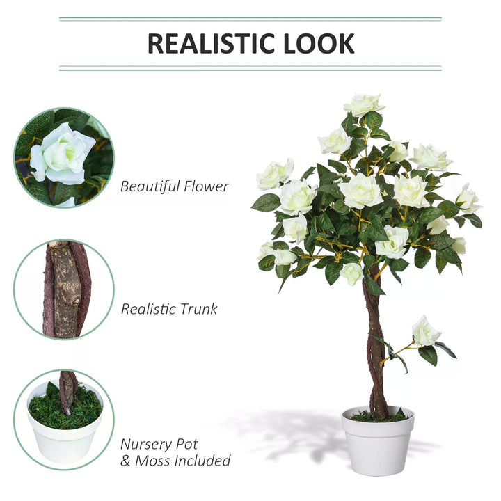 90cm/3FT Artificial Rose Tree Fake Decorative Plant w/ 21 Flowers Pot Indoor Outdoor Faux Decoration Home Office Décor White Green