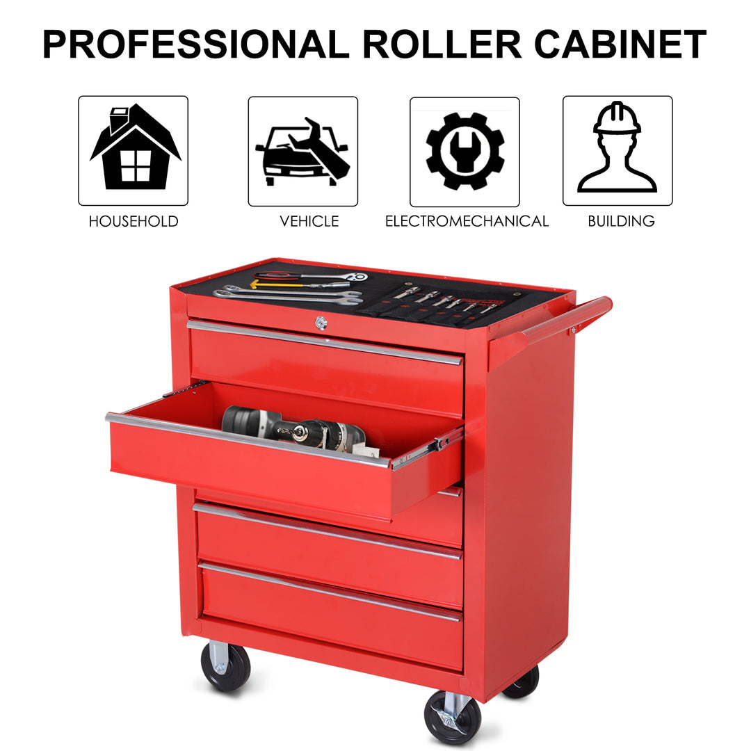 5 Drawer Roller Tool Cabinet Storage Box Workshop Chest Garage Wheeling Trolley w/ Handle - Red