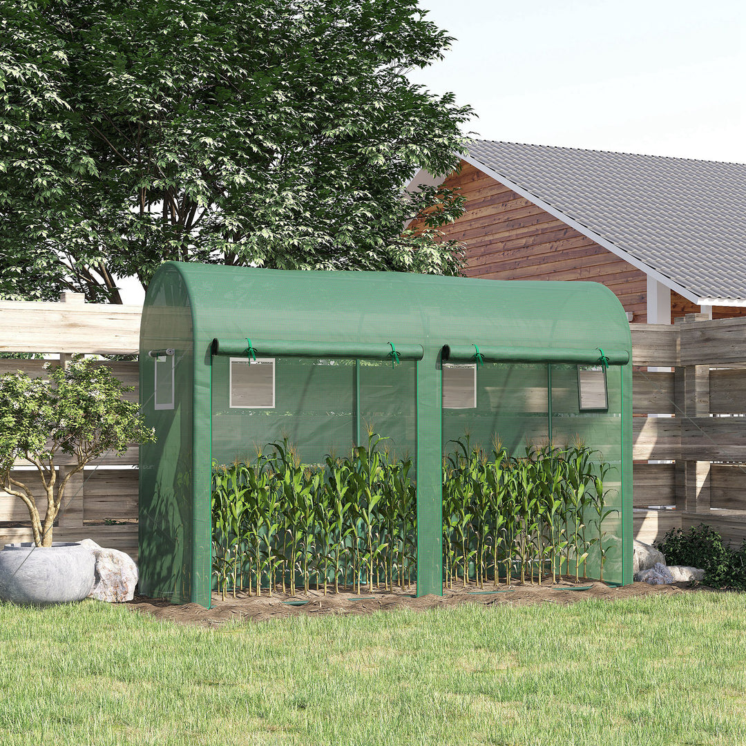 Garden Plant Tomato Growth Greenhouse W/ Double Doors & 4 Windows PE Cover Steel Frame Green