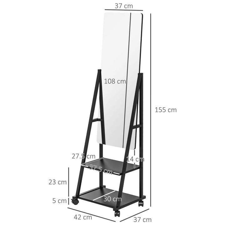 Rolling Full-Length Dressing Mirror on Wheels with Adjustable Angle & Storage Shelves for Bedroom