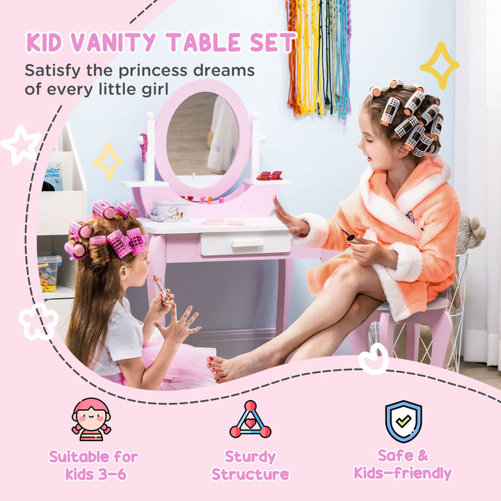 Kids Dressing Table Set Kids Vanity Set Girl Makeup Desk with Mirror Stool Drawer Round Legs for 3-6 Years Old