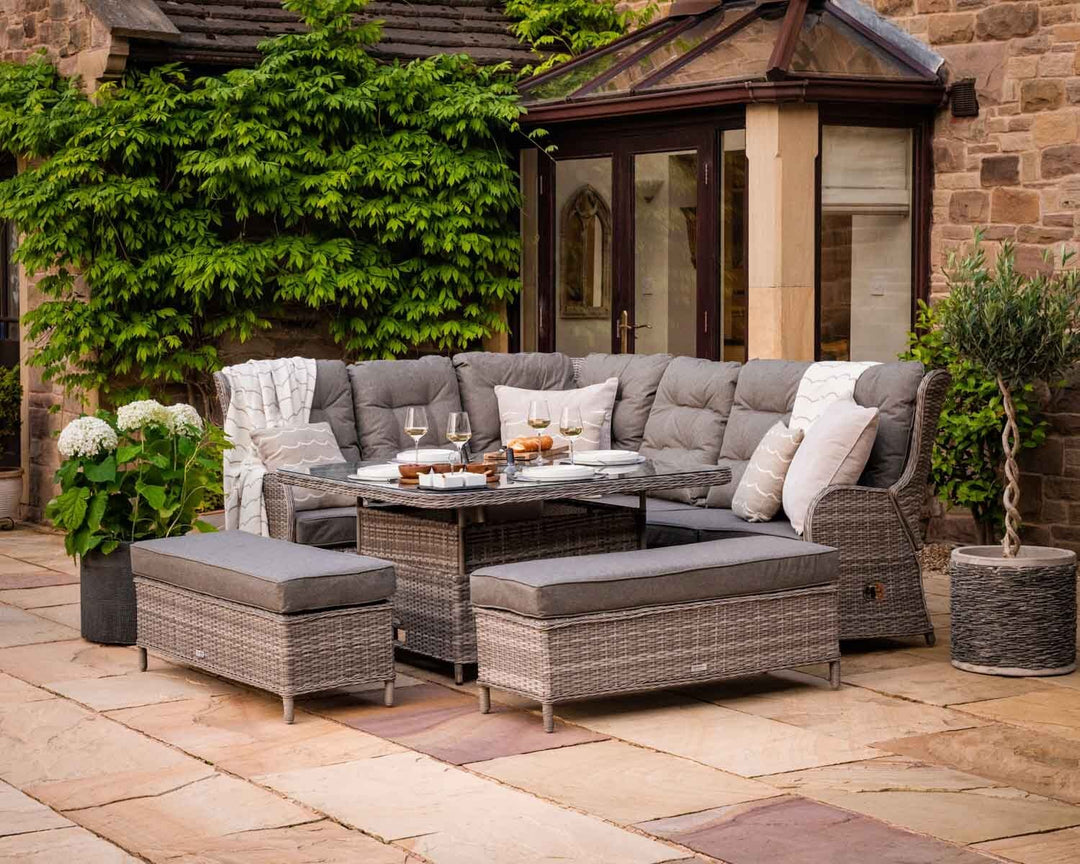 Rattan Garden Reclining Corner Sofa Set with Ice Bucket Dining Table in Grey - Fiji - Rattan Direct