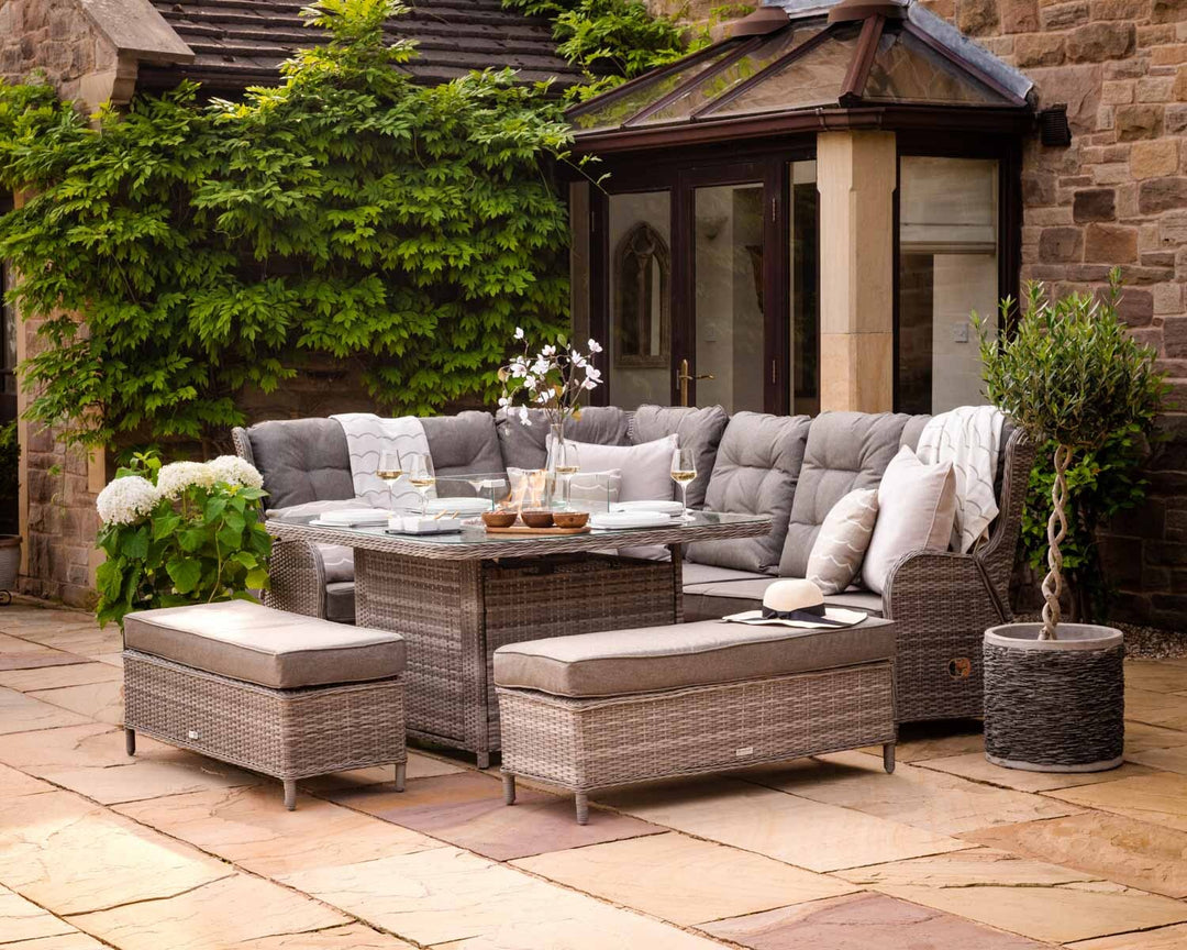 Rattan Garden Reclining Corner Sofa Set with Square Fire Pit Dining Table in Grey - Fiji - Rattan Direct