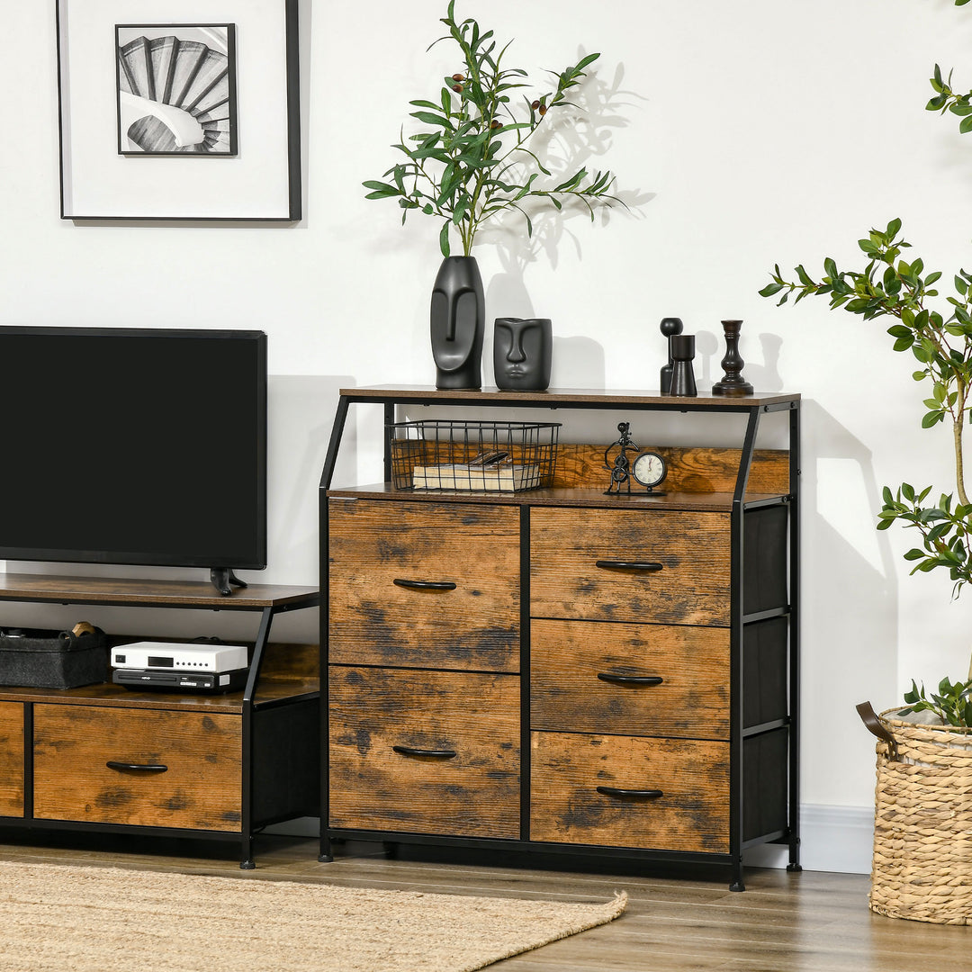 Chest with 5 Fabric Drawers, Rustic Brown