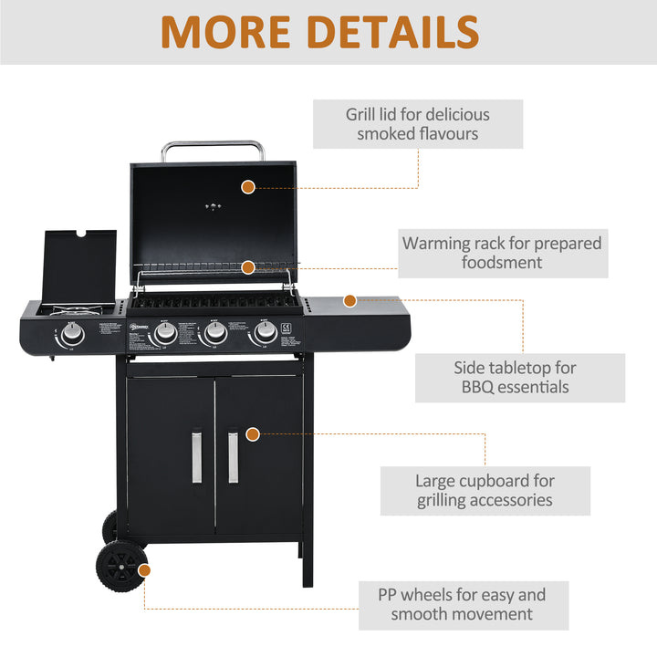 Gas BBQ Gas Grill Barbecue 3+1 Burner Garden BBQ Trolley w/ Side Burner Warming Rack Side Shelves Piezo Ignition 110x50x100cm