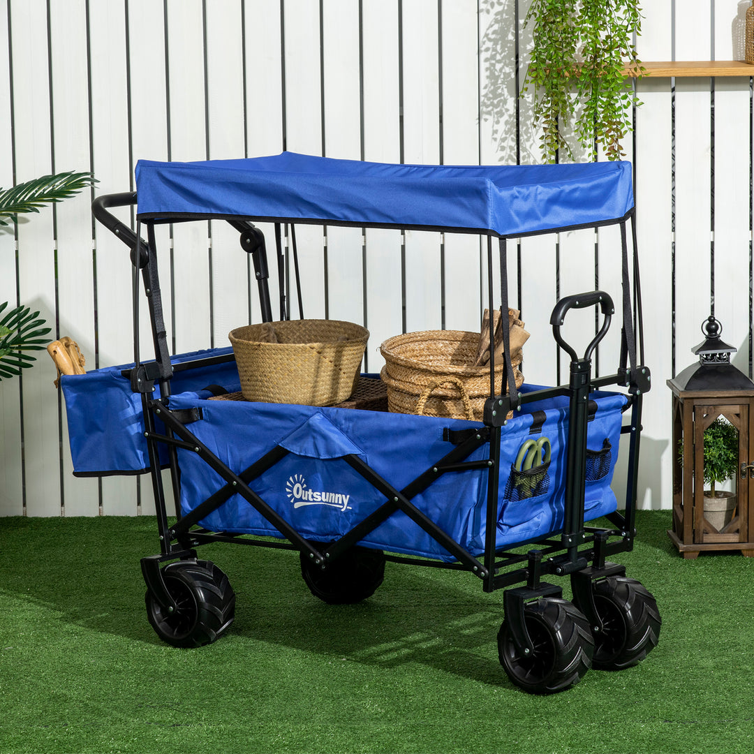 Folding Trolley Cart Storage Wagon Beach Trailer 4 Wheels with Handle Overhead Canopy Cart Push Pull for Camping