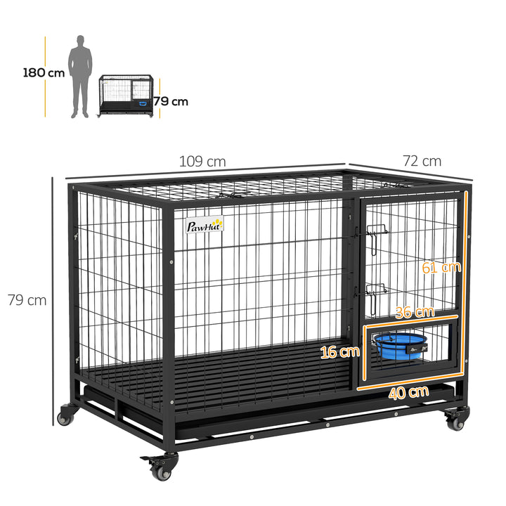 43" Heavy Duty Dog Crate on Wheels w/ Bowl Holder