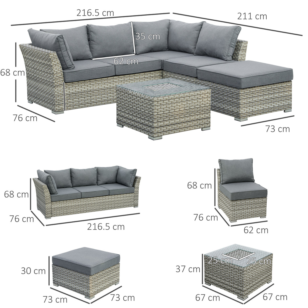 5-Seater PE Rattan Sofa Set Patio Corner Sofa Wicker Sectional Conversation Aluminum Frame Furniture Set w/ Padded Cushion