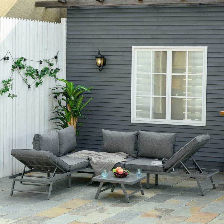 3 Pcs Garden Seating Set w/ Convertible Sofa Lounge Table Padded Cushions Outdoor Patio Furniture Couch Grey