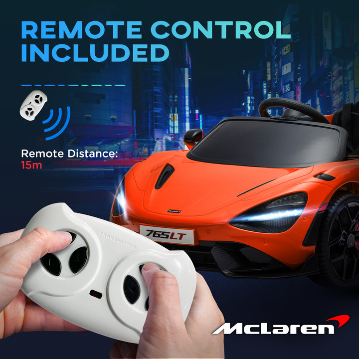 McLaren 765LT Licensed 12V Kids Electric Ride on Car with Butterfly Doors Remote Control Training Wheels Orange