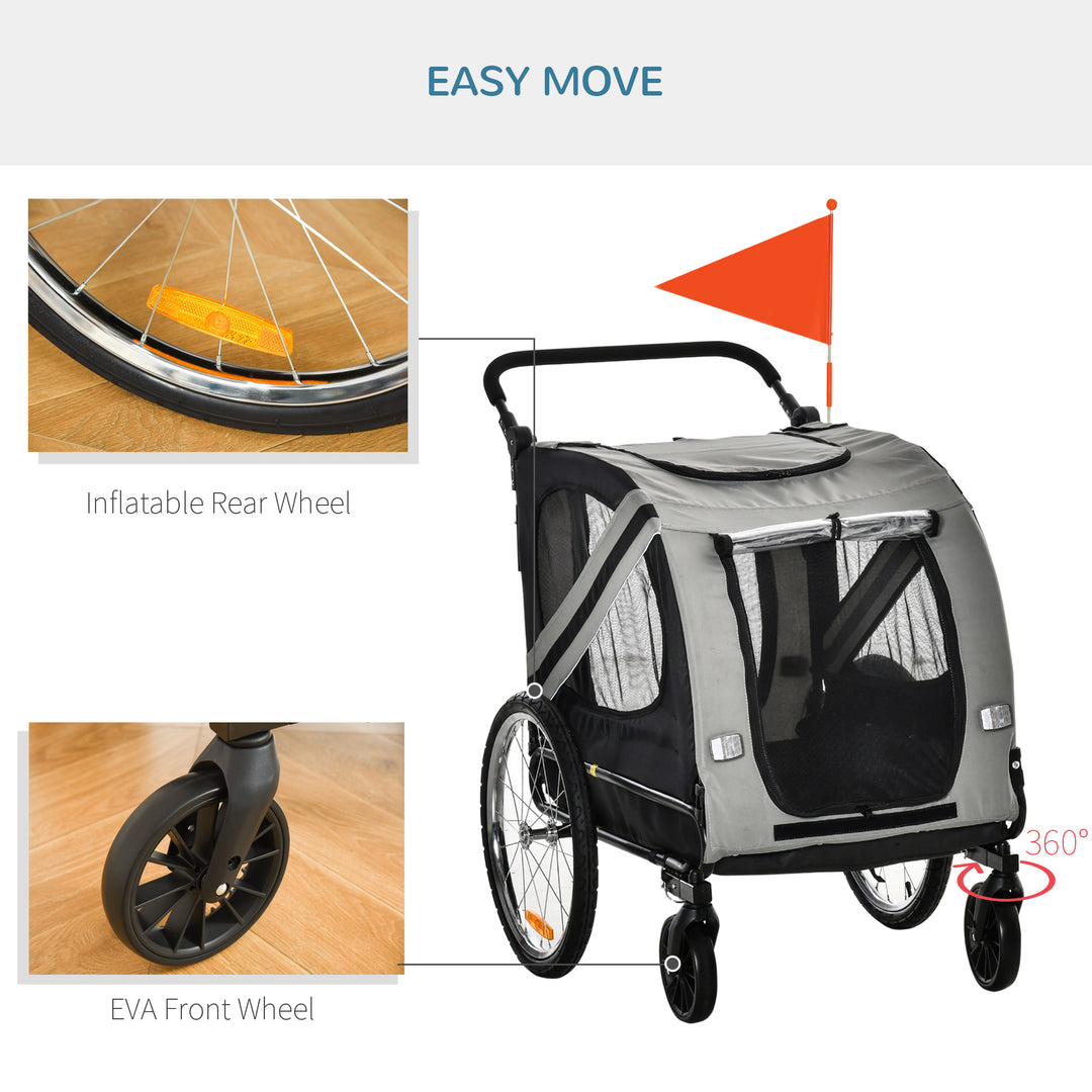 Dog Bike Trailer 2-in-1 Pet Stroller Cart Bicycle Carrier Attachment for Travel in steel frame with Universal Wheel Reflectors Flag Grey