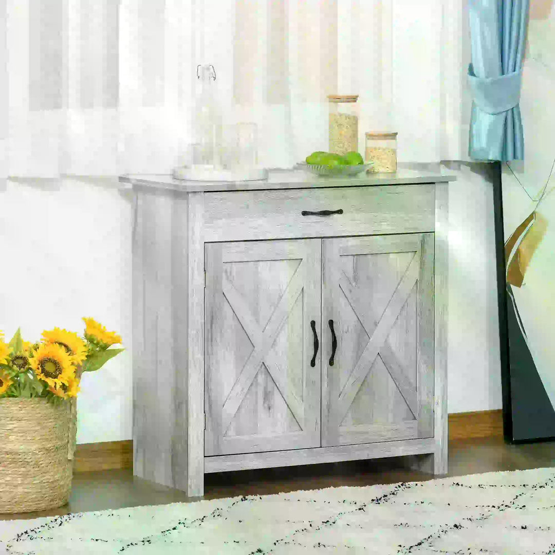 HOMCOM Farmhouse Sideboard: Grey Wood-Effect Storage Cabinet with Barn Doors