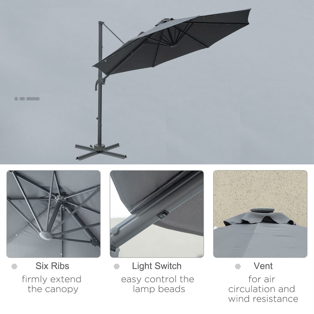 3(m) Square Outdoor Umbrella Patio Sun Umbrella with Crank & Tilt LED Solar Light Cross Base 360° Rotating Outdoor