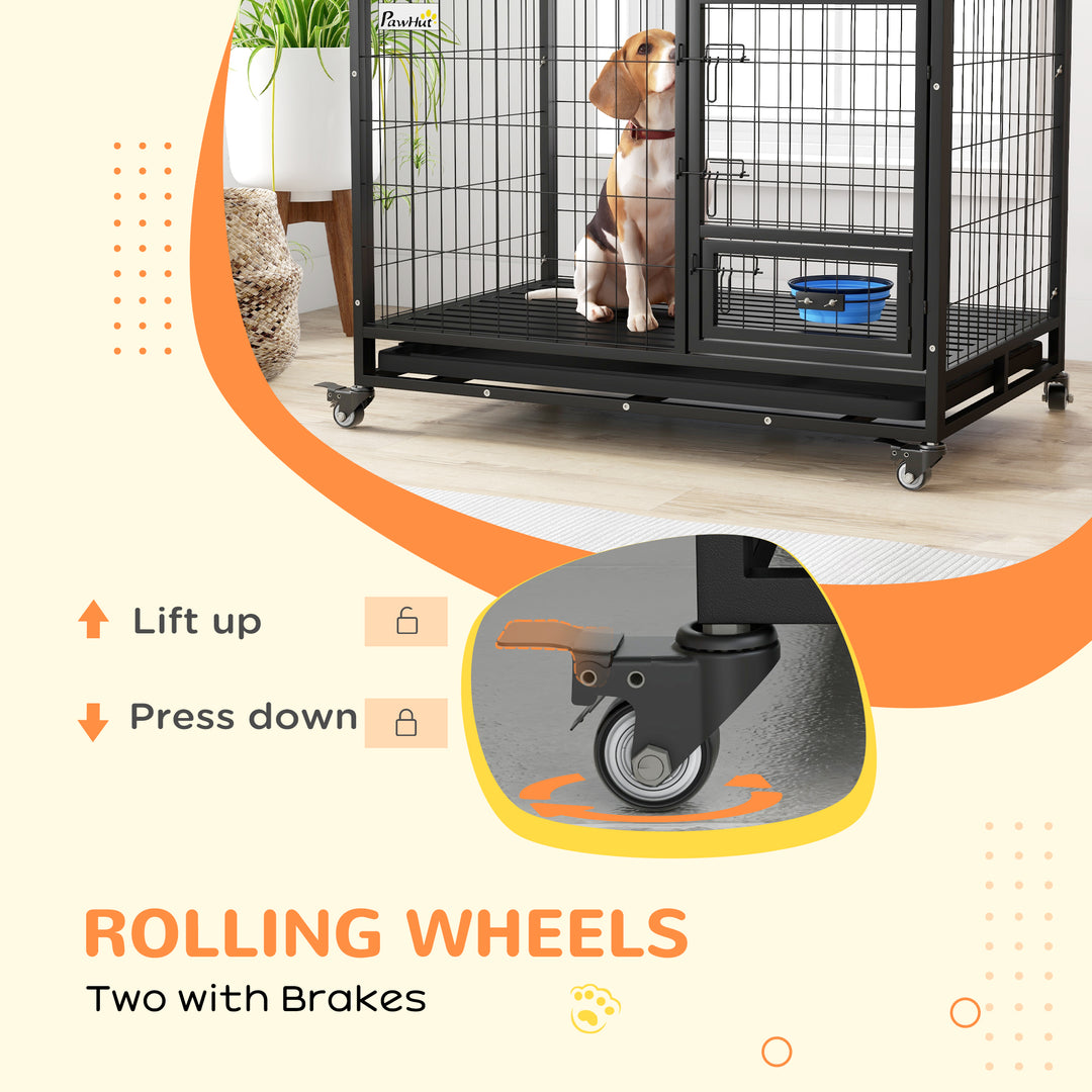 43" Heavy Duty Dog Crate on Wheels w/ Bowl Holder