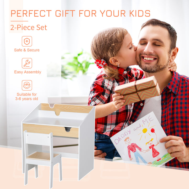 Kids Desk and Chair Set 2 Pieces Children Study Table with Storage Pull-Out Drawer Bookshelf for 3-6 Years Writing