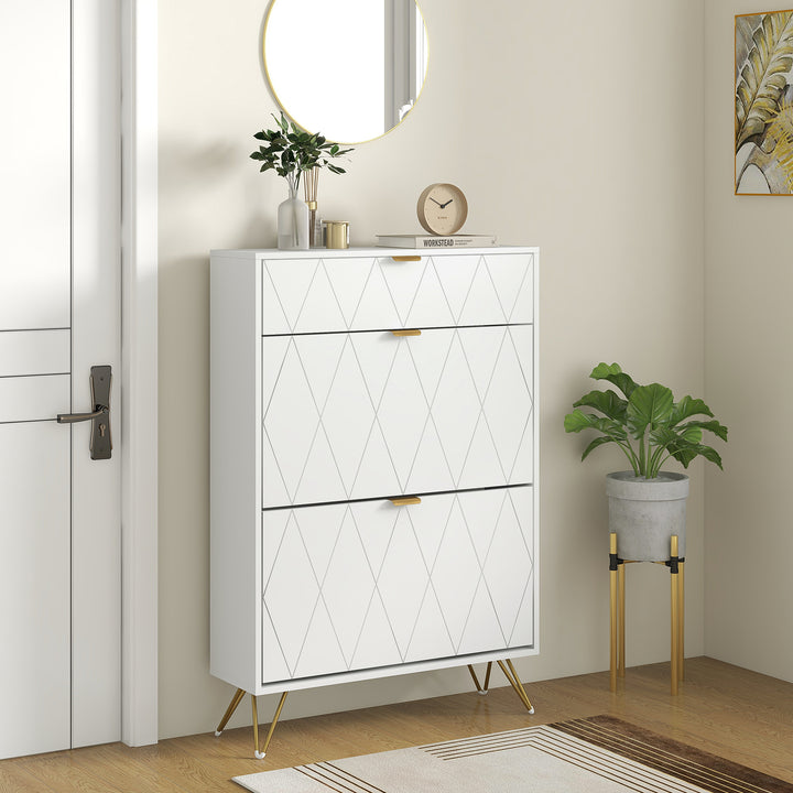 Two Flip Drawer Narrow Shoe Cabinet - White