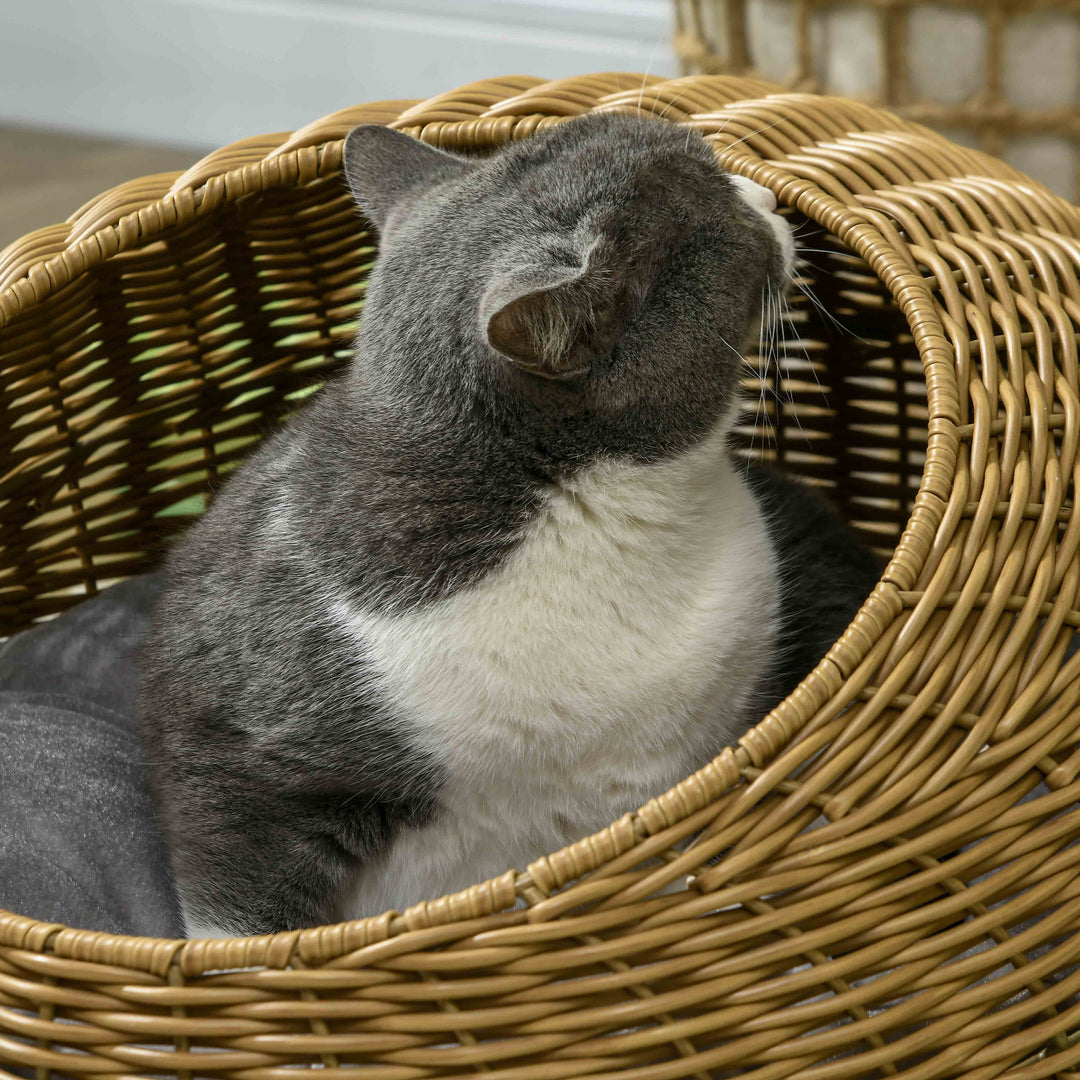 Wicker Cat House with Washable Cushion for Indoor Cats