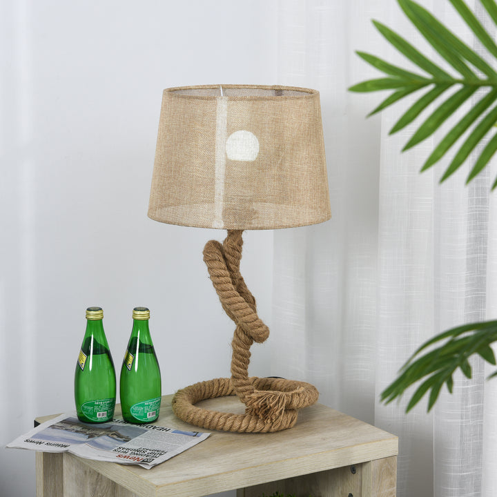 Nautical Style Rope-Base Table Lamp w/ Fabric Lampshade Metal Frame Power Switch Unique Lighting Furnishing Living Room Beige