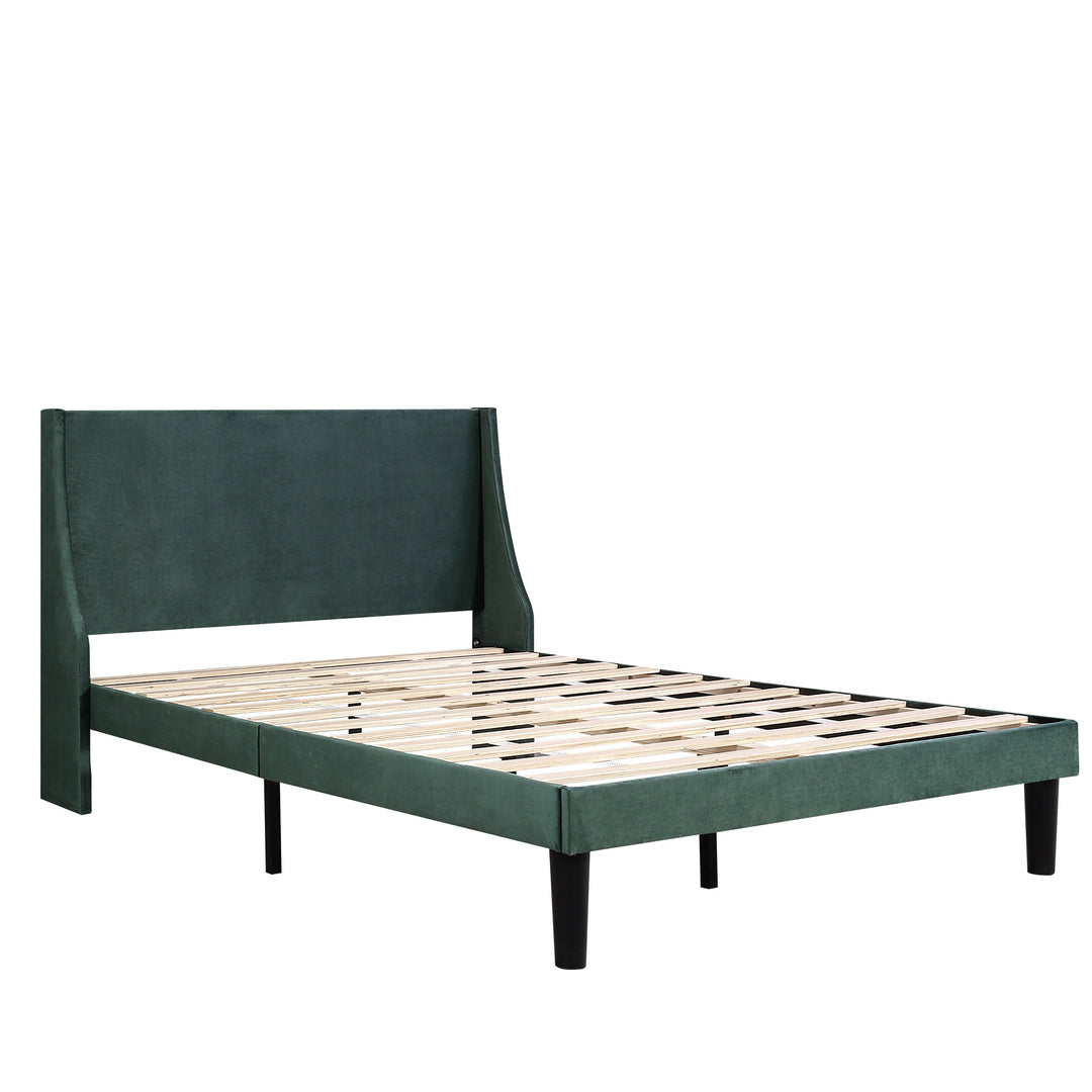 Double Velvet Upholstered Bed with Winged Headboard and Wood Slat Support