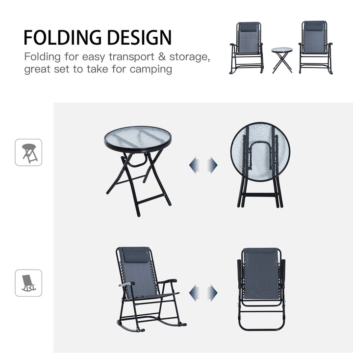 3 Piece Outdoor Rocking Set with 2 Folding Chairs and 1 Tempered Glass Table