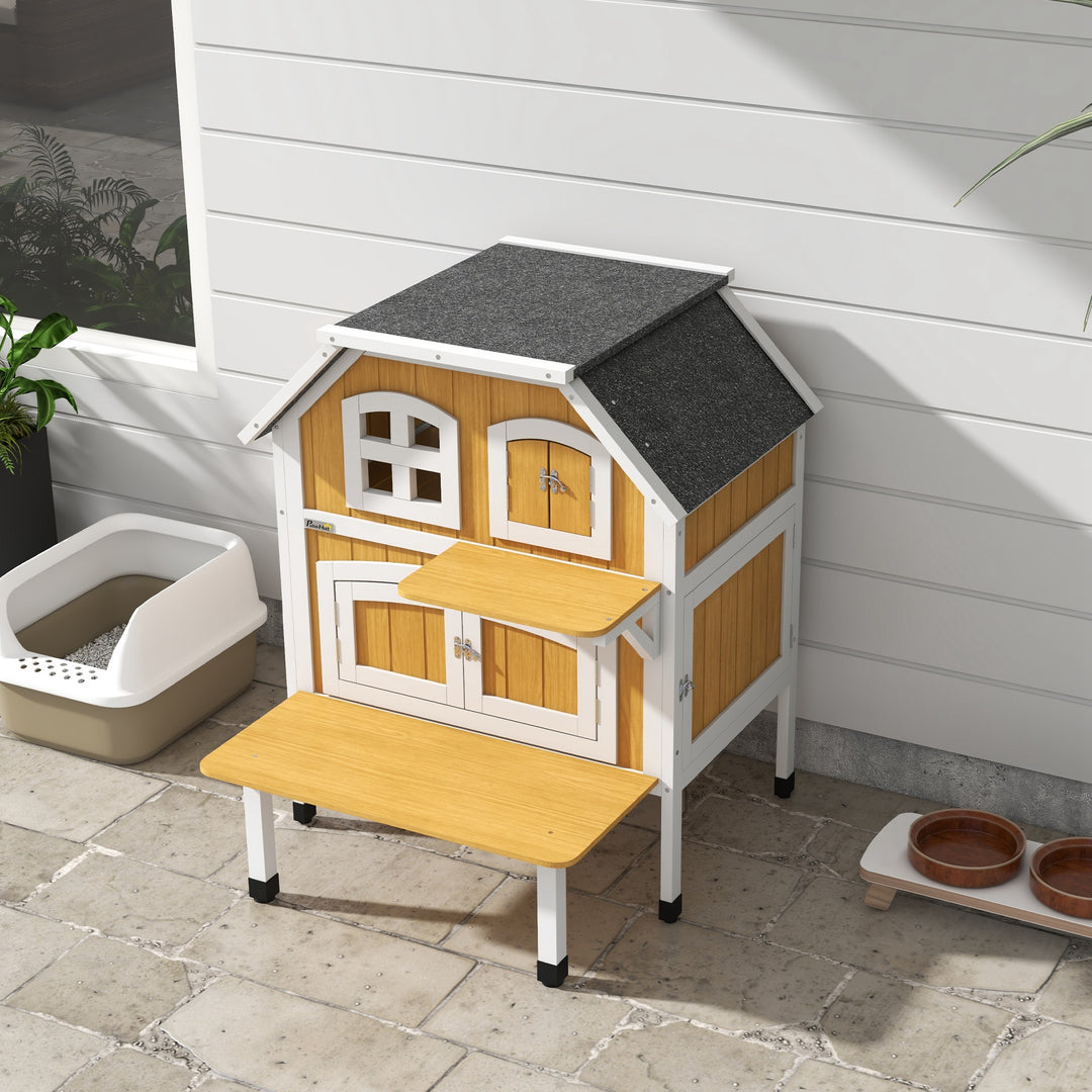 Outdoor Cat Shelter 2 Tiers Wooden Feral Cat House with Openable Asphalt Roof