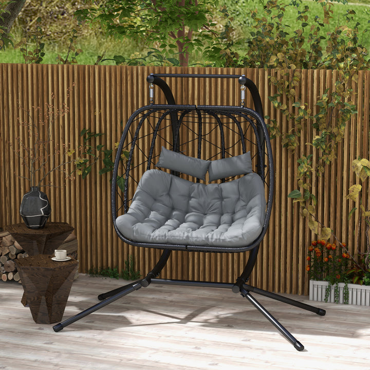 Outdoor PE Rattan Double-seater Swing Chair w/ Thick Padded Cushion