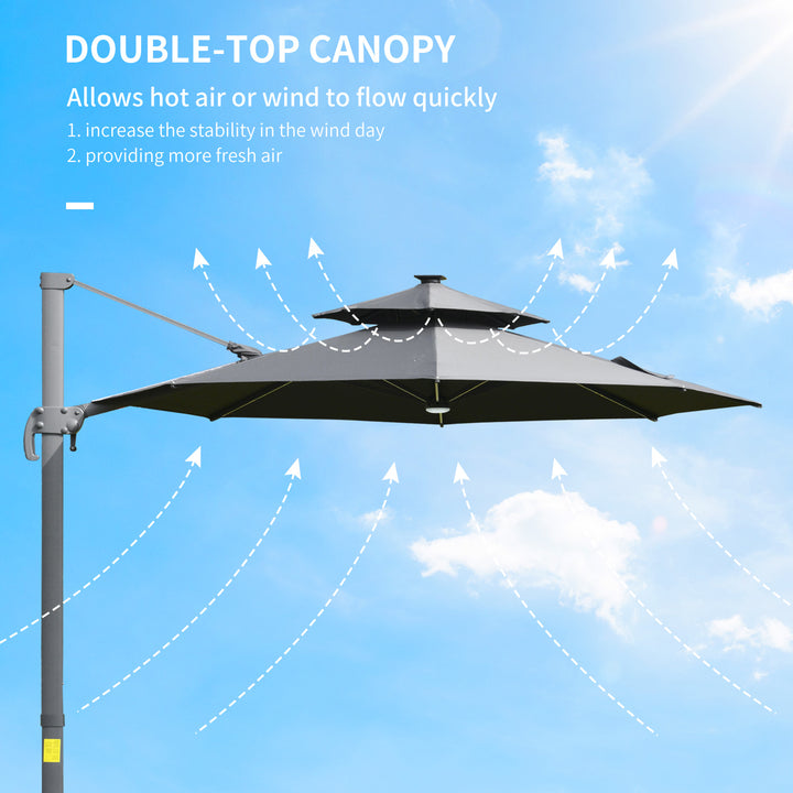 3m Cantilever Parasol w/ Solar Lights Power Bank Cross Base Adjustable Canopy 360° Spin Garden Umbrella 2-Tier Roof Sun Shade Grey