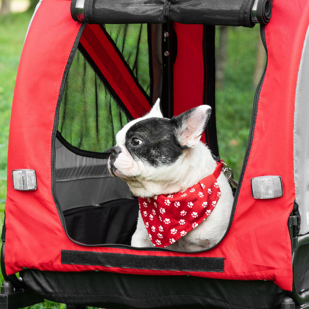 Dog Bike Trailer 2-in-1 Pet Stroller Cart Bicycle Carrier Attachment for Travel in steel frame with Universal Wheel Reflectors Flag Red