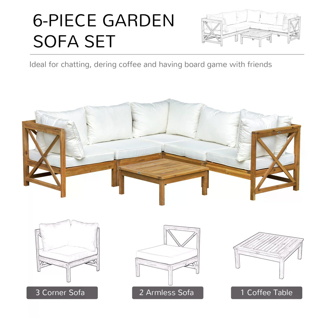 6pcs Patio Furniture Set Garden Sofa Set 1 Coffee Table Suitable with Cushions for Balcony Poolside Acacia Wood Cream White