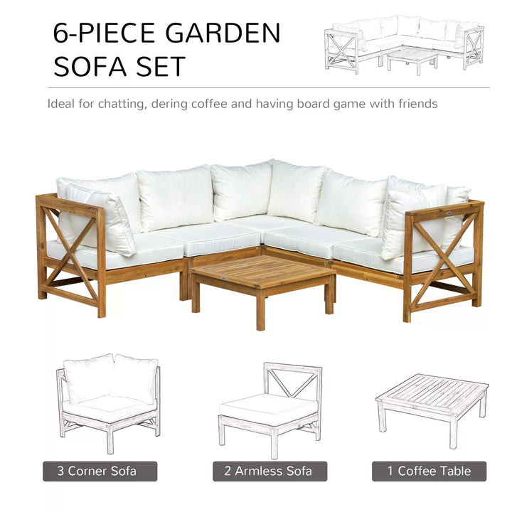 6pcs Patio Furniture Set Garden Sofa Set 1 Coffee Table Suitable with Cushions for Balcony Poolside Acacia Wood Cream White