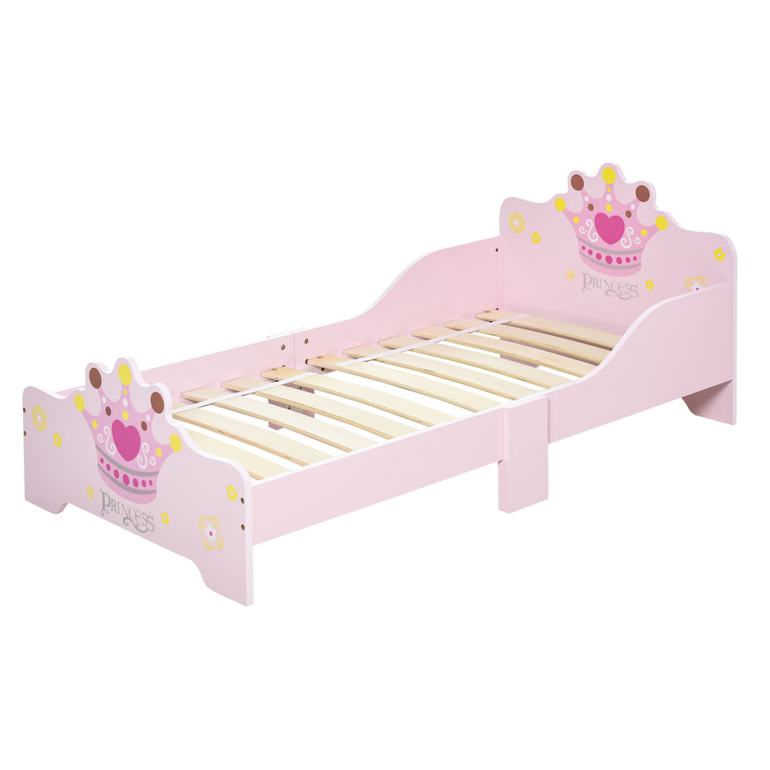 Kids Wooden Bed with Crown Modeling Safety Side Rails Easy to Clean Perfect Gift for Toddlers Girls Age 3 to 6 Years Old Pink