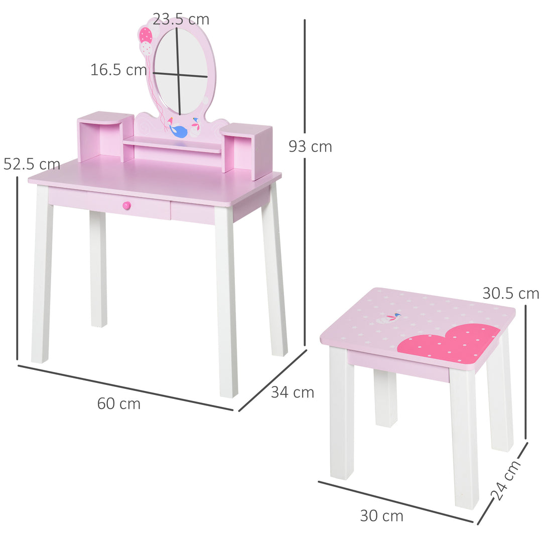 2 PCS Kids Wooden Dressing Table & Stool Girls Vanity Table Makeup Table Set w/ Mirror Drawers Role Play for Toddlers 3 Year+