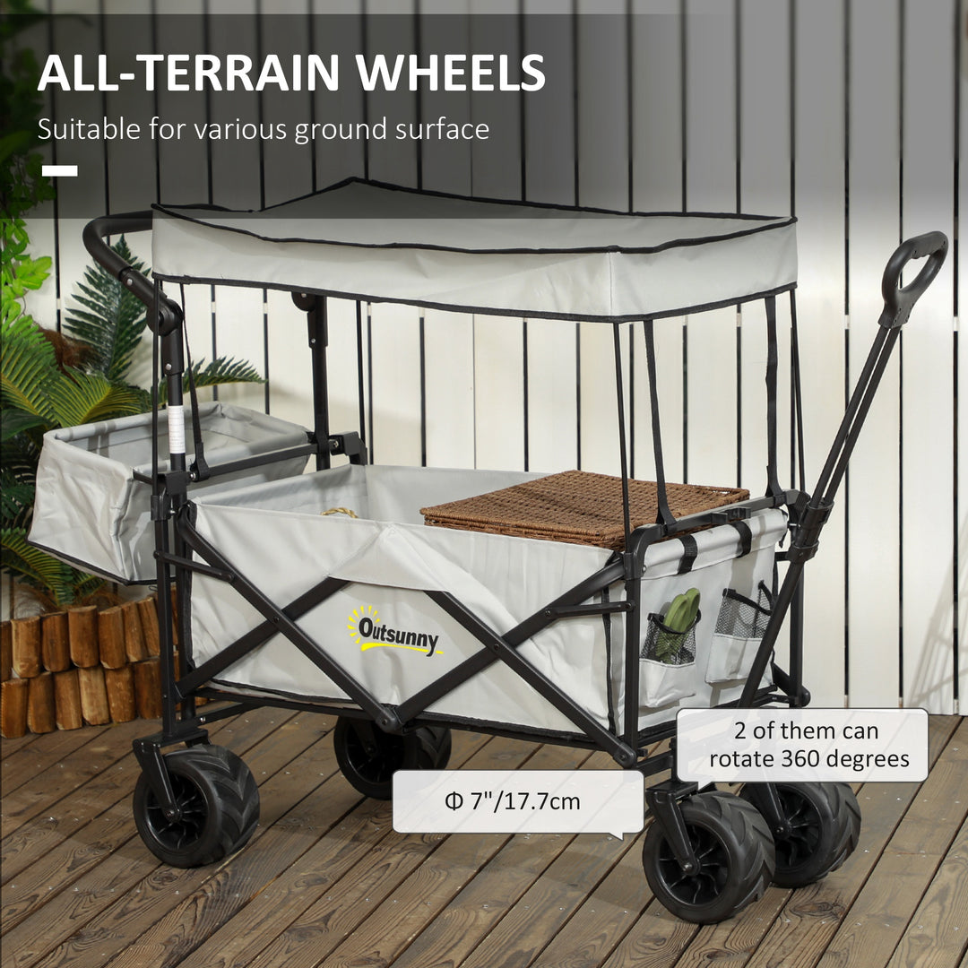 Folding Trolley Cart Storage Wagon Beach Trailer 4 Wheels with Handle Overhead Canopy Cart Push Pull for Camping