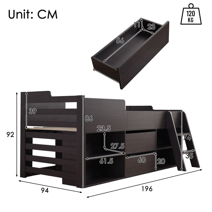 Children's Wooden Mid Sleeper Cabin Bed with Drawers and Shelves Storage