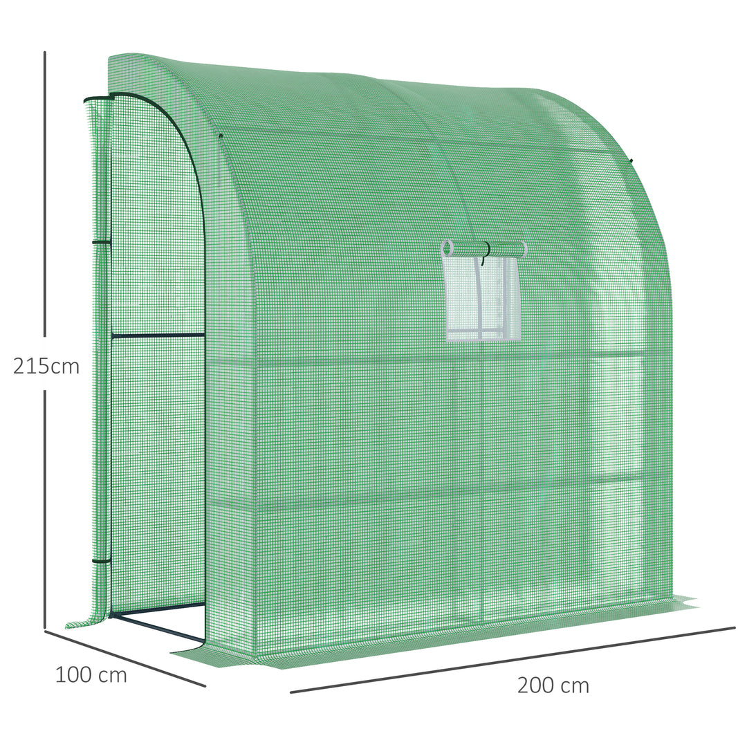 Lean to Greenhouses with Windows and Doors 2 Tiers 4 Wired Shelves 200L x 100W x 215Hcm Green