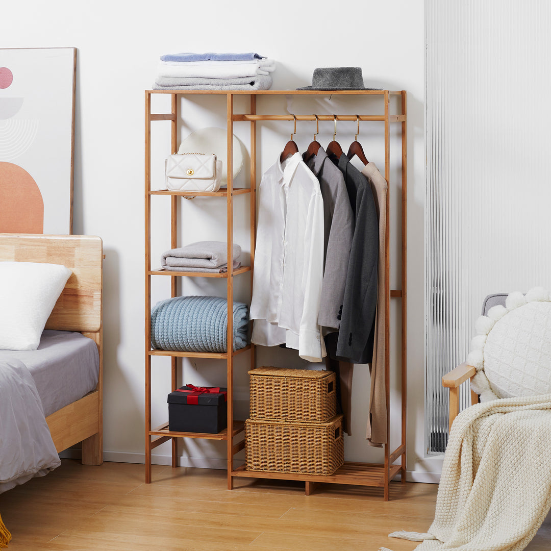 Bamboo Garment Rack: 6-Tier Storage Shelf with Hanging Rail for Bedroom & Living Room