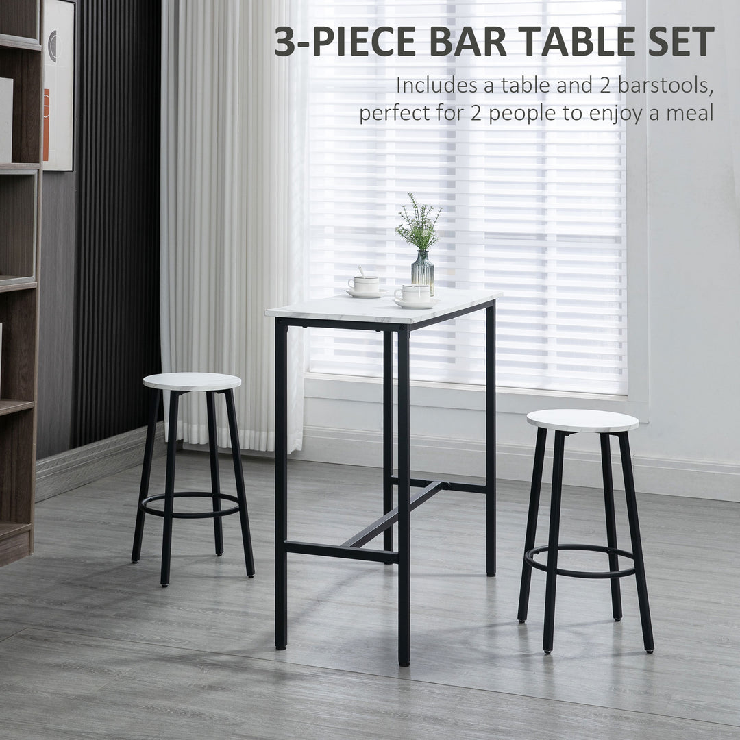 3 Piece Bar Table and Stool Set for 2 with Stools Steel Frame Footrest for Kitchen Living Room Small Space White