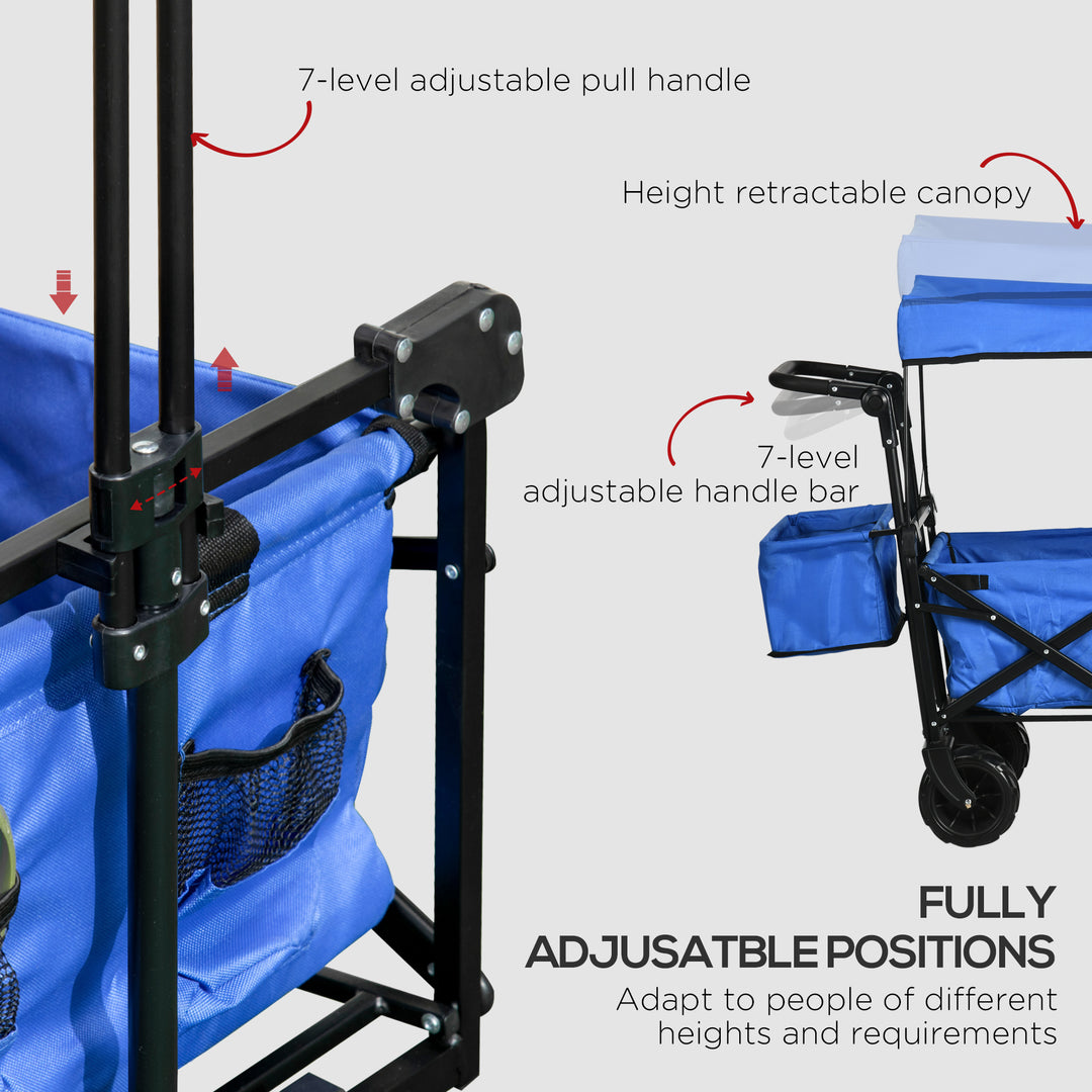 Folding Trolley Cart Storage Wagon Beach Trailer 4 Wheels with Handle Overhead Canopy Cart Push Pull for Camping