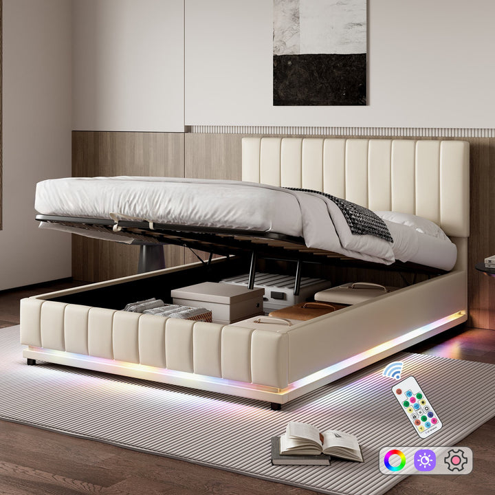 PU Leather Ottoman Upholstered Double Bed with LED Lighting