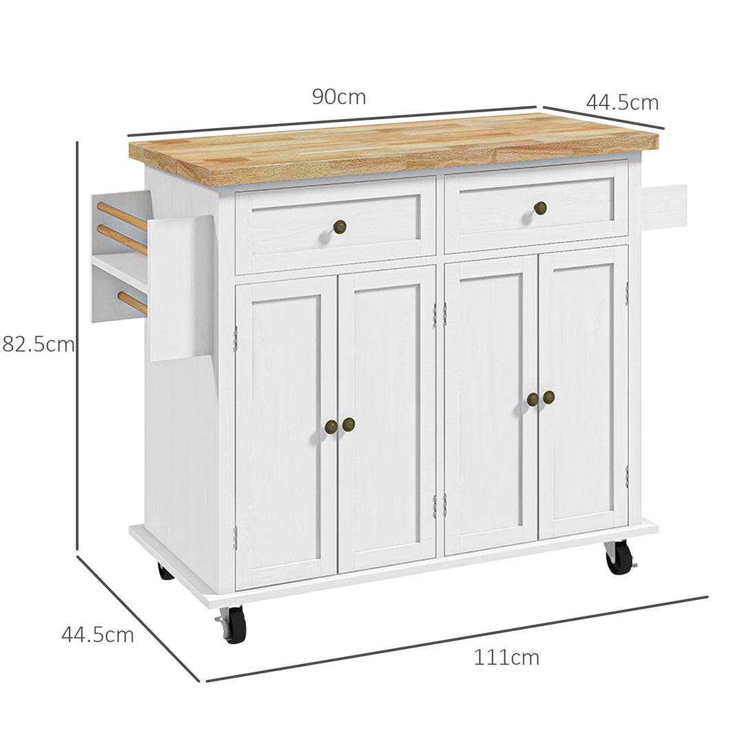 Rolling Kitchen Island Storage Trolley with Rubber Wood Top & Drawers for Dining Room