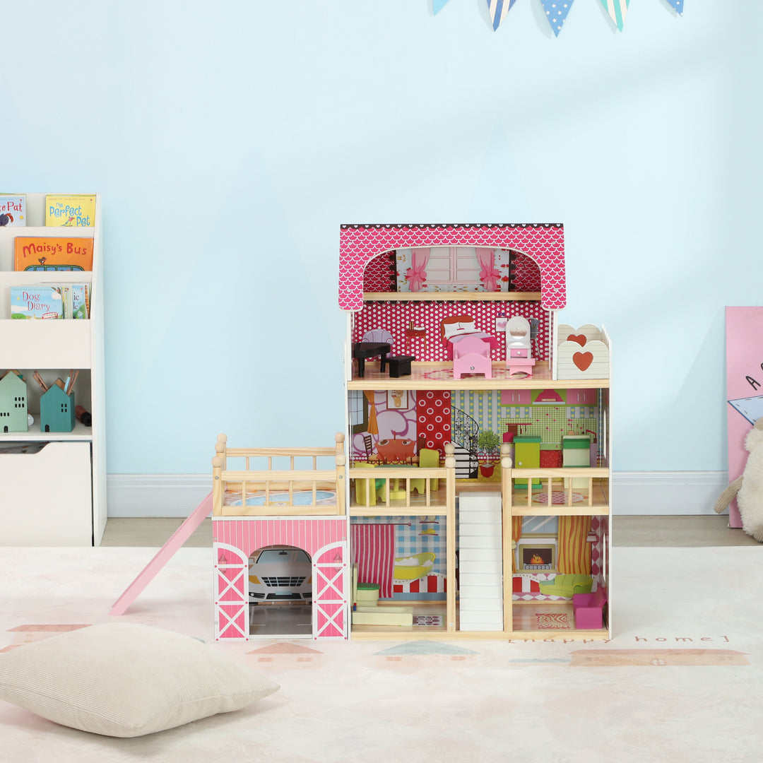 3 Storey Dolls House Play Set with 13 Pieces Wooden Furniture and Accessories for 3-6 Years