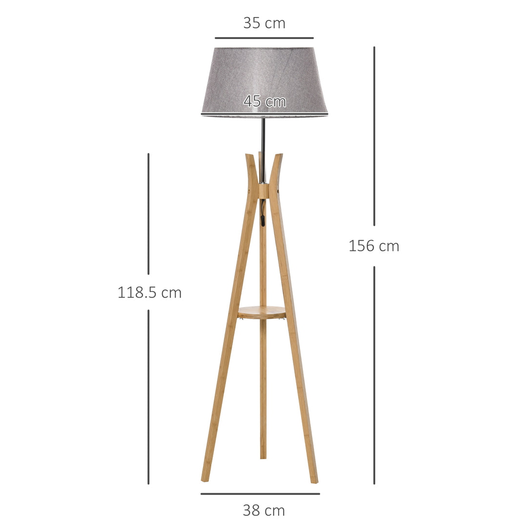 Natural Wood Tripod Floor Lamp Light E27 Base Bedroom Living Room Fabric Shade Storage Shelf Foot Switch