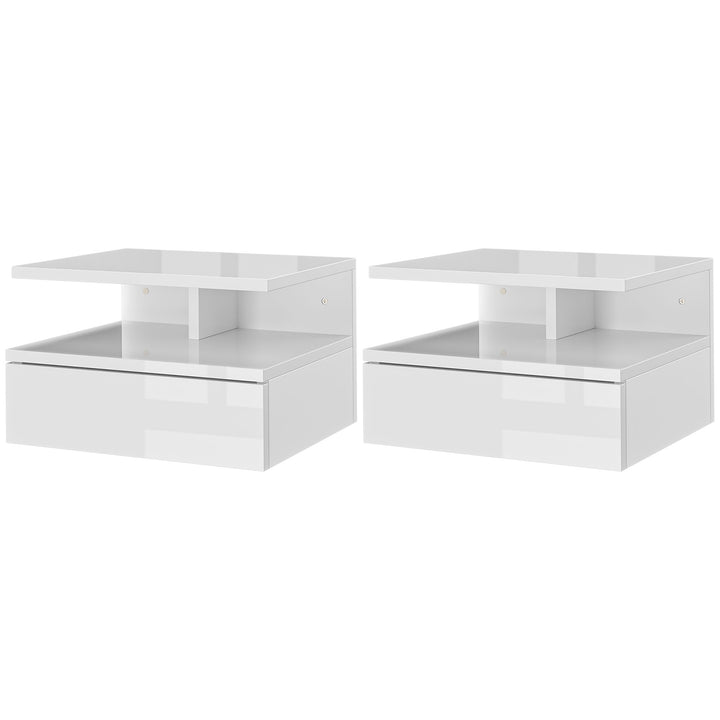 HOMCOM Set of Two Floating High Gloss Bedside Tables - White Aosom UK