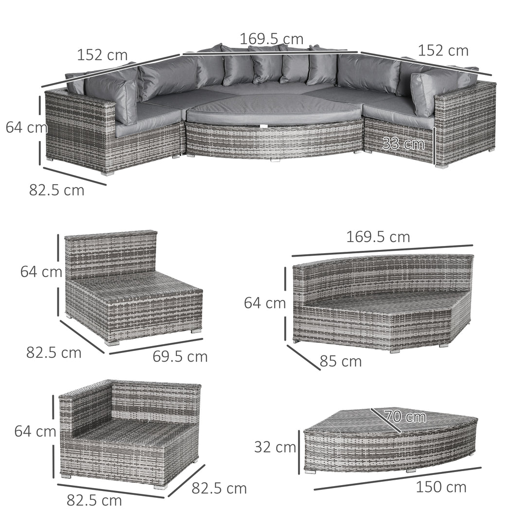 6-Seater Outdoor Rattan Wicker Sofa Set Half Round Patio Conversation Furniture Set w/ Cushions Grey