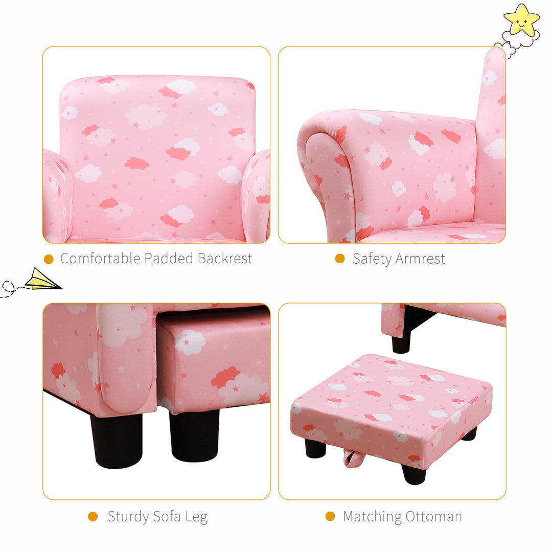 Kids Children Armchair Mini Sofa Wood Frame w/ Footrest Anti-Slip Legs High Back Arms Bedroom Playroom Furniture Cute Cloud Pink