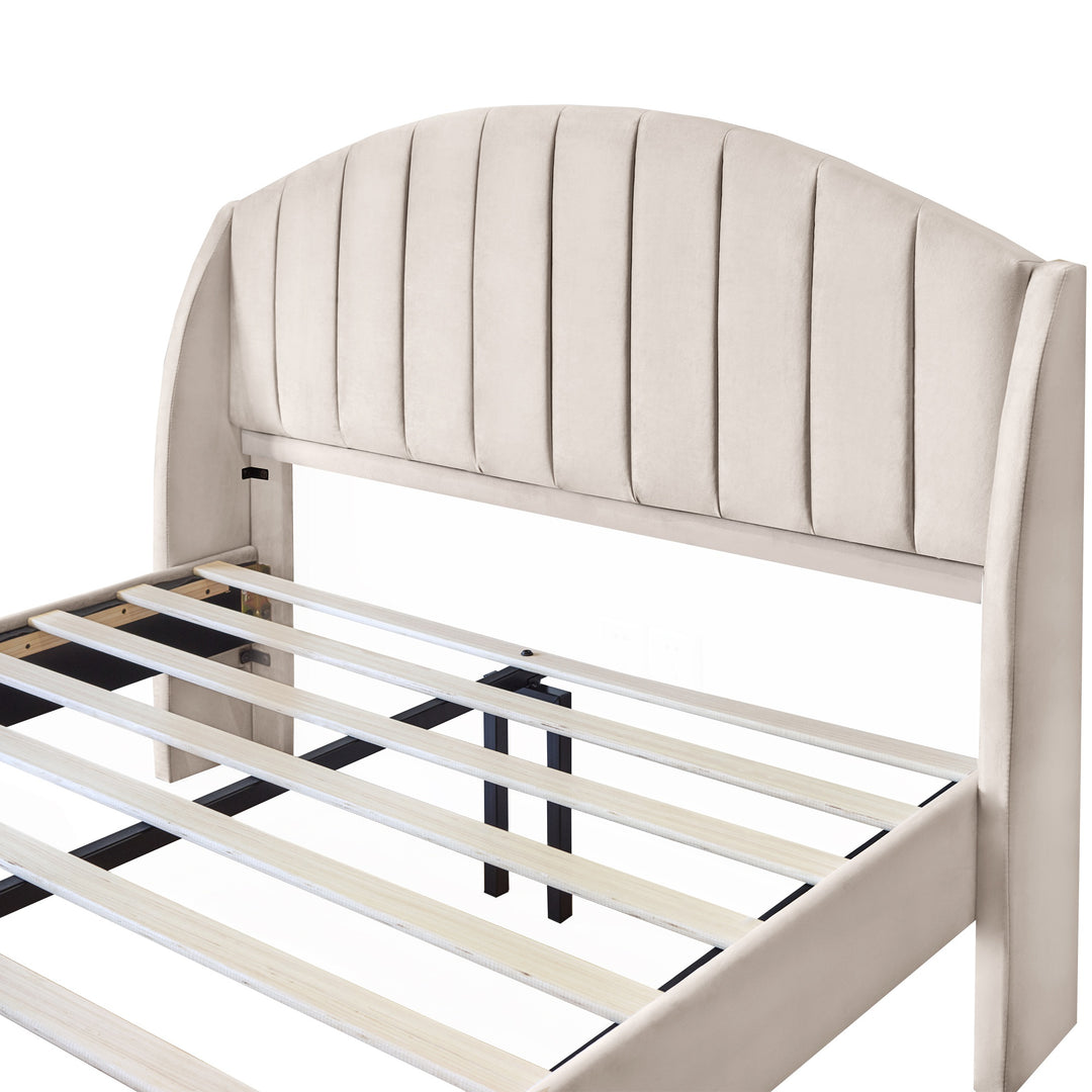 Double Velvet Fabric Upholstered Bed with Slatted Frame and Headboard