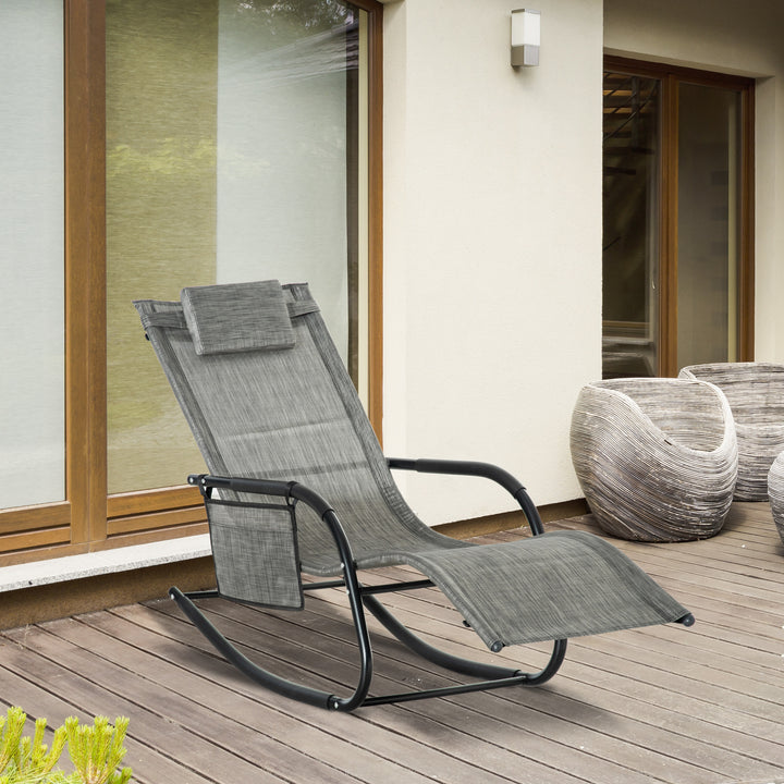 Breathable Mesh Rocking Chair Patio Rocker Lounge for Indoor & Outdoor Recliner Seat w/ Removable Headrest for Garden