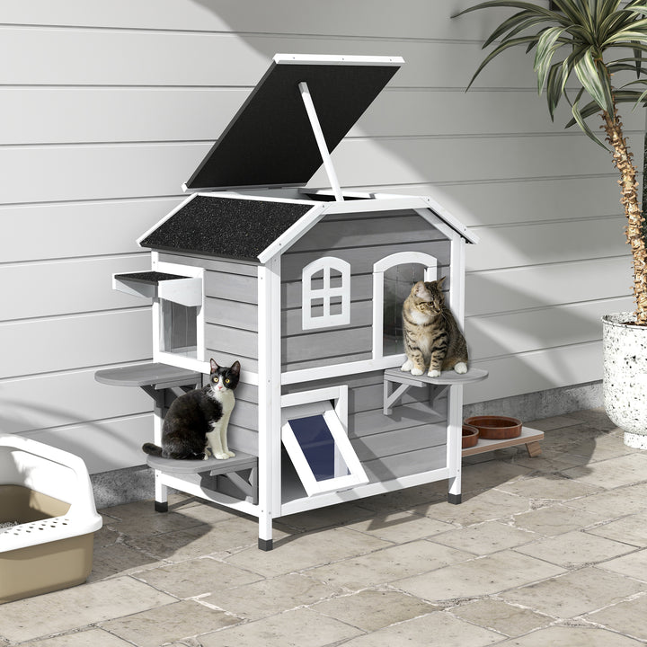 Solid Wood Cat Condos Pet House Water Proof Outdoor 2-Floor Villa