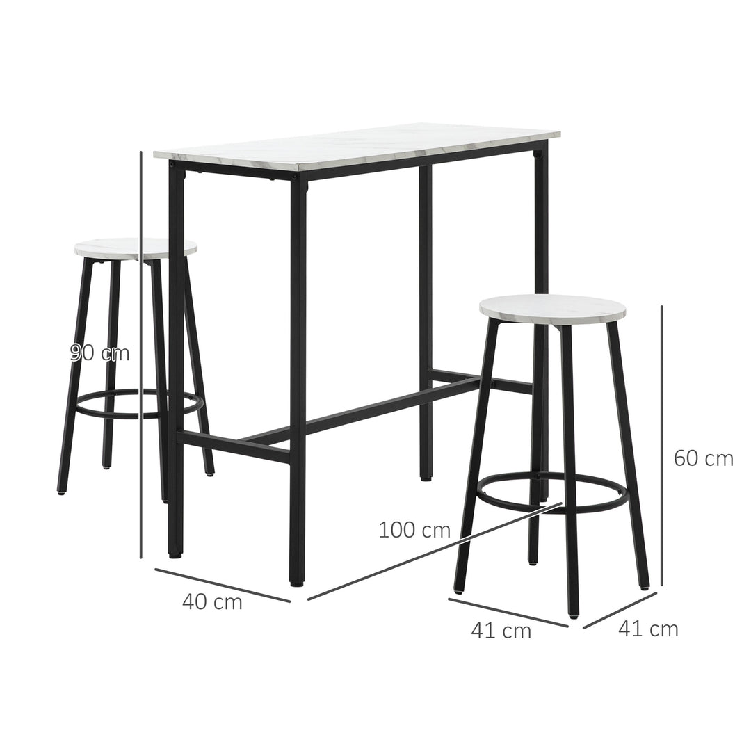 3 Piece Bar Table and Stool Set for 2 with Stools Steel Frame Footrest for Kitchen Living Room Small Space White