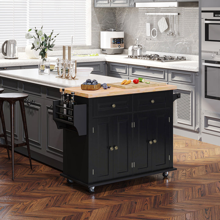 Rolling Kitchen Island Storage Trolley with Rubber Wood Top & Drawers for Dining Room